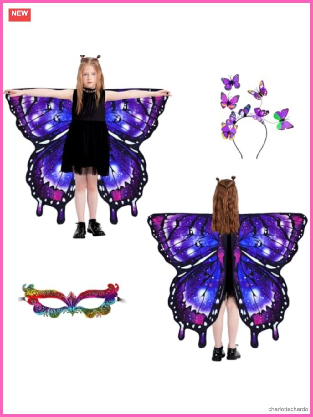 Kids Butterfly Wings Costume Set Double Sided Fairy Wings Cape 3PCS